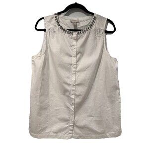 Loft Top Womens Medium White 100% Cotton Embellished Quiet Luxury Minimalist